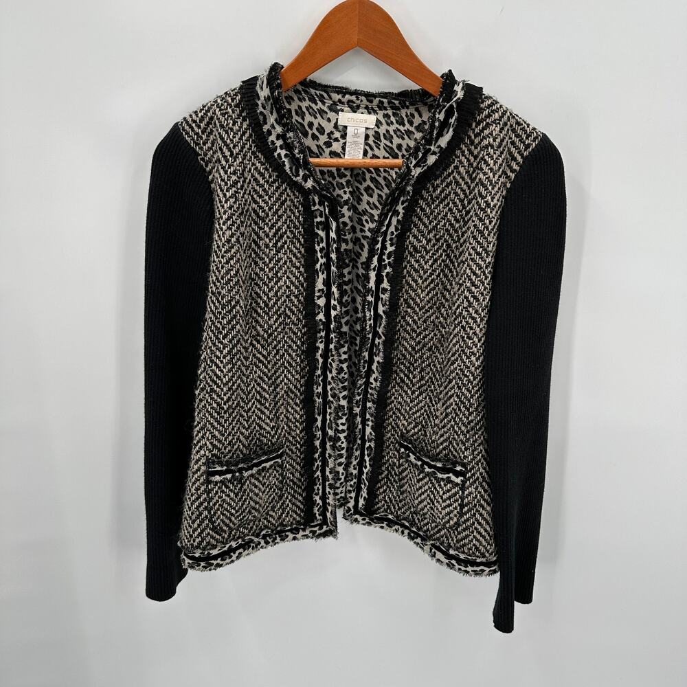 Chico’s Herringbone Tweed Wool Blend Blazer Jacket with Leopard Trim // S